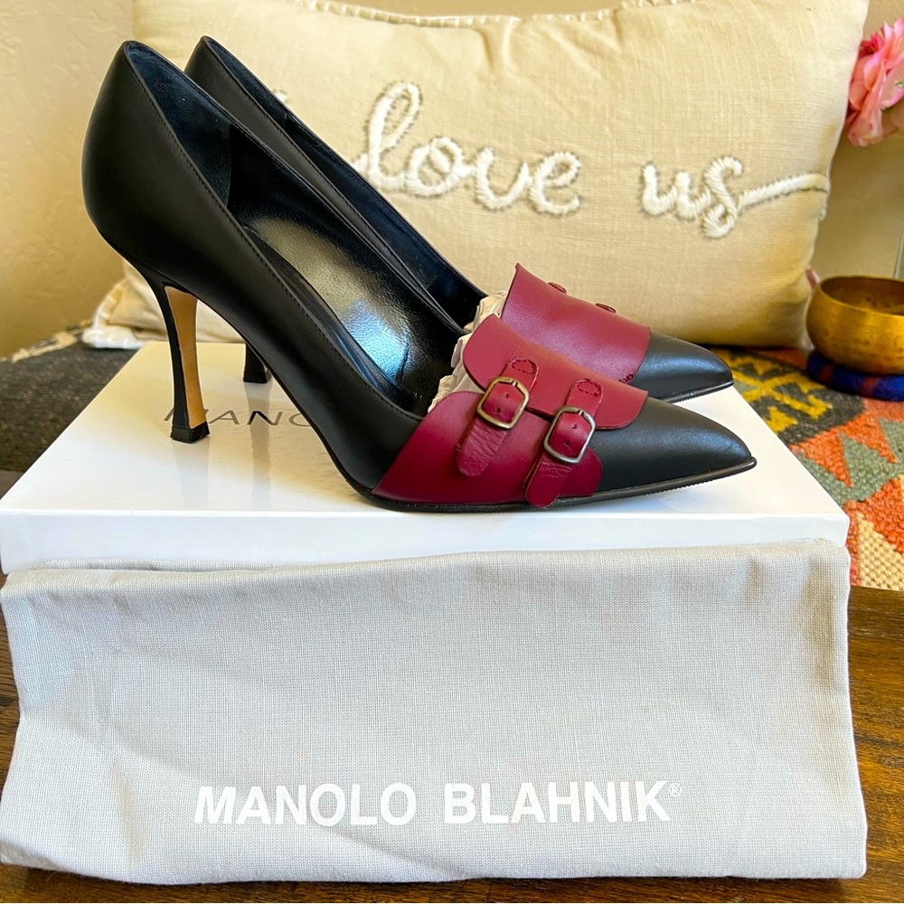 Manolo Blahnik “Cajada” 90 Black/Purple Bulgar Buckle Accent Heels EU37.5 $995
